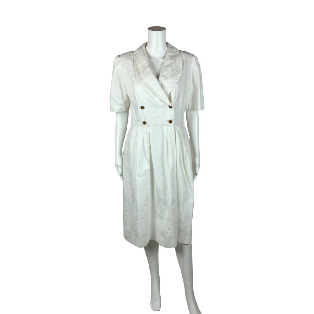 Vintage 80s Brocade Dress White Floral Collared Party Cocktail Petite Lanz